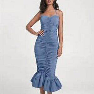 NWOT Venus Sexy Ruched Blue Bodycon Strapless Halter Dress S